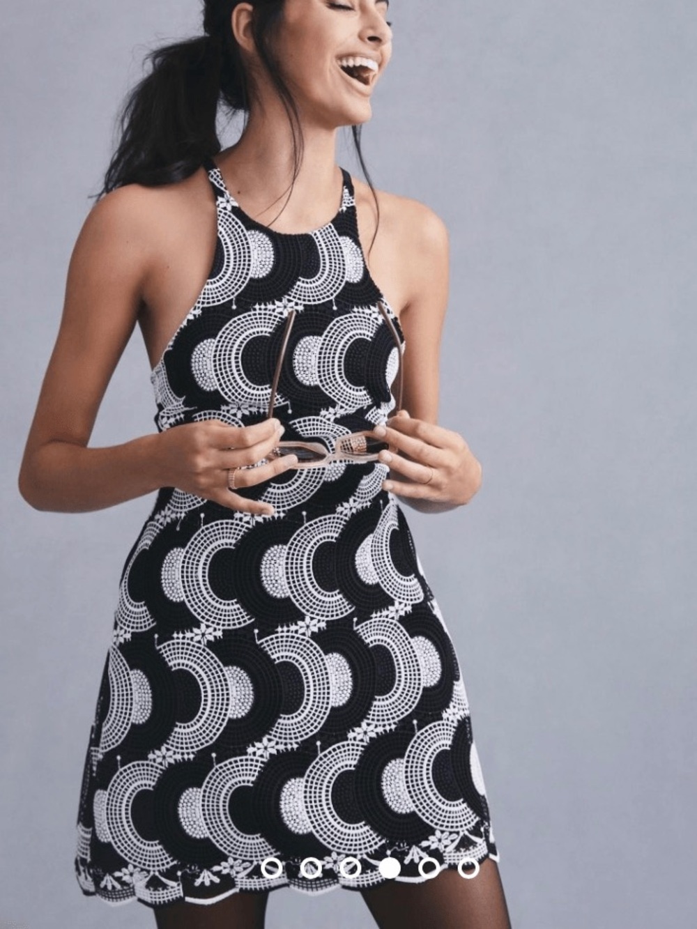 Anthropologie Maeve Halter Mini Dress Black White Geometric Lace Knit Crochet